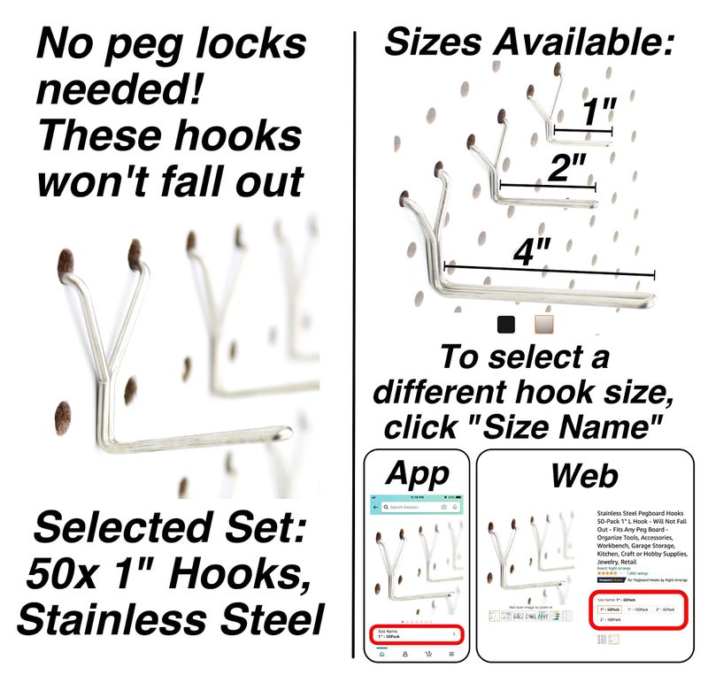 Right Arrange Stainless Steel Pegboard Hooks 50-Pack 1" L Hook - Will Not Fall Out, Fits Any Peg Board - Organize Tools, Accessories, Workbench, Garage Storage, Kitchen, Crafts, Jewelry, Retail - Image 2