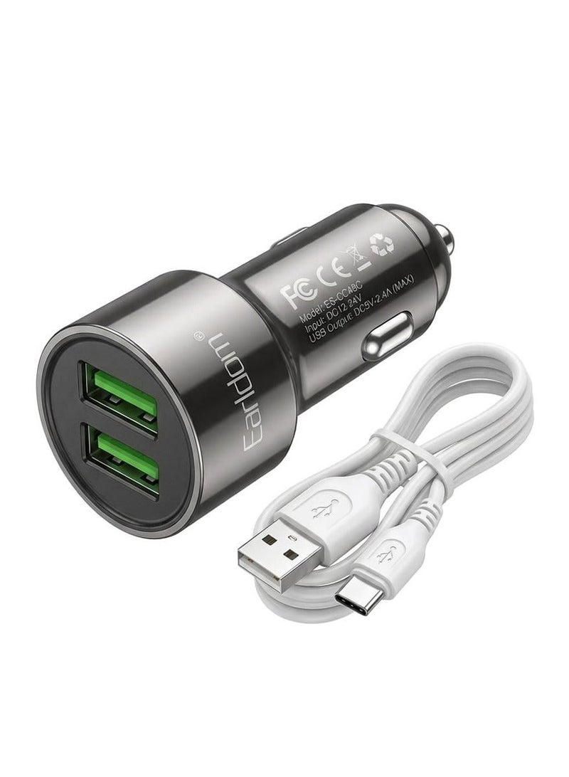 أيرلدوم شاحن سيارة ES-CC48C ثنائي المنافذ USB، محول شحن سريع، منفذي USB، خرج 2.4 أمبير، شاحن ولاعة سجائر مع كابل تايب سى - Image 1