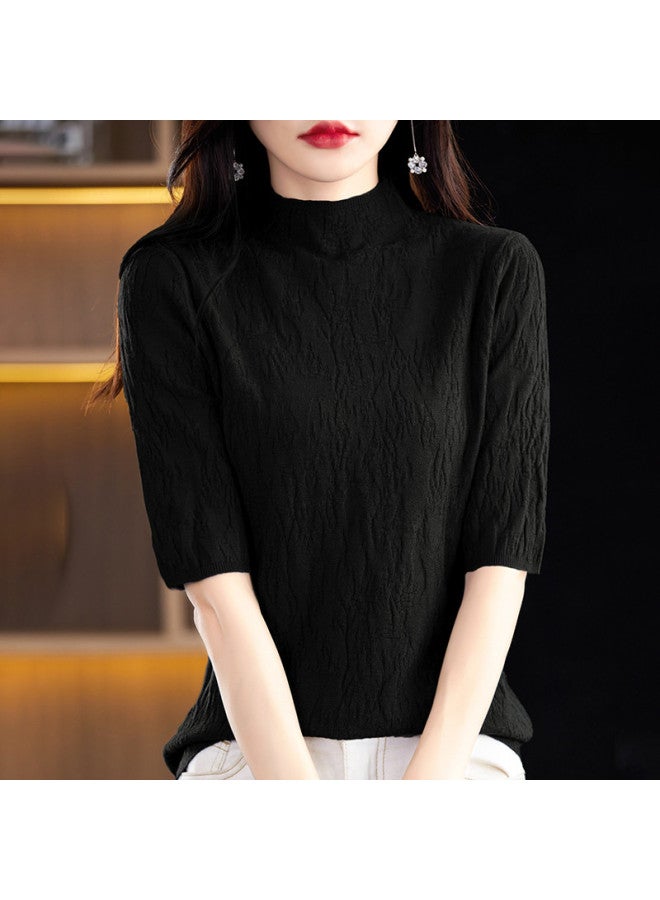 MIIOW High-End Textured Stand Collar Lightweight Women'S Mid-Sleeve Top T-Shirt, Elegant And Sophisticated Knitted Base Layer - Image 2