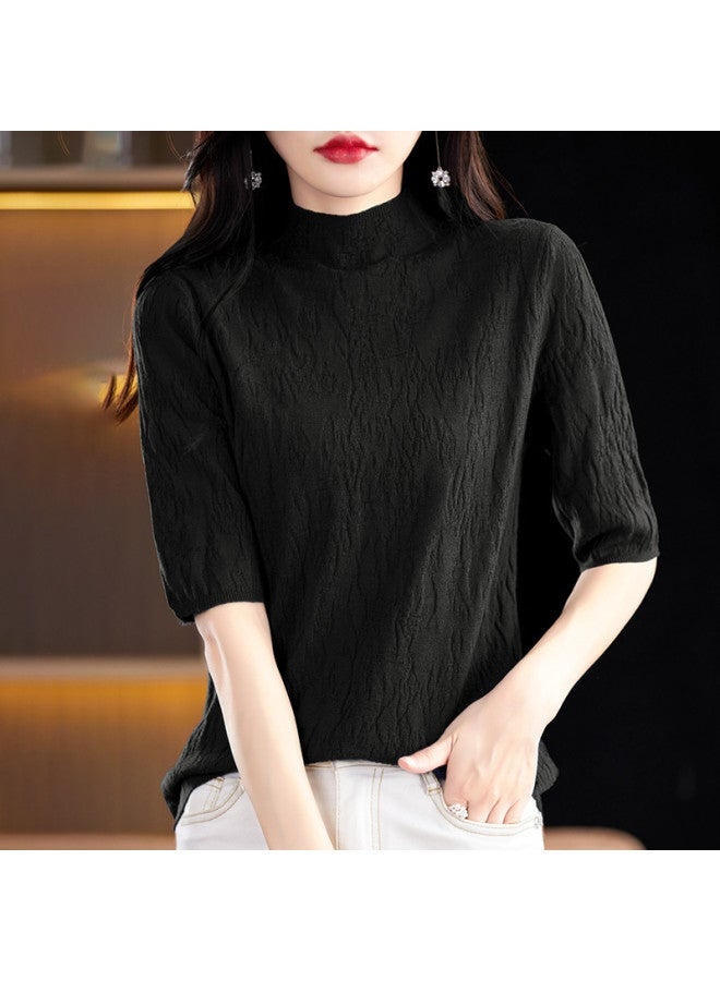 MIIOW High-End Textured Stand Collar Lightweight Women'S Mid-Sleeve Top T-Shirt, Elegant And Sophisticated Knitted Base Layer - Image 3