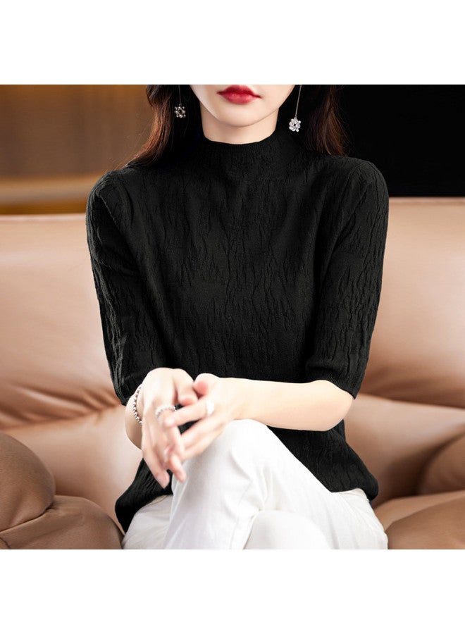 MIIOW High-End Textured Stand Collar Lightweight Women'S Mid-Sleeve Top T-Shirt, Elegant And Sophisticated Knitted Base Layer - Image 4