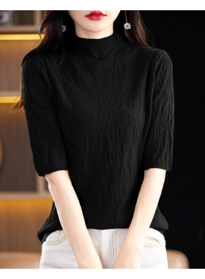 MIIOW High-End Textured Stand Collar Lightweight Women'S Mid-Sleeve Top T-Shirt, Elegant And Sophisticated Knitted Base Layer - Image 1