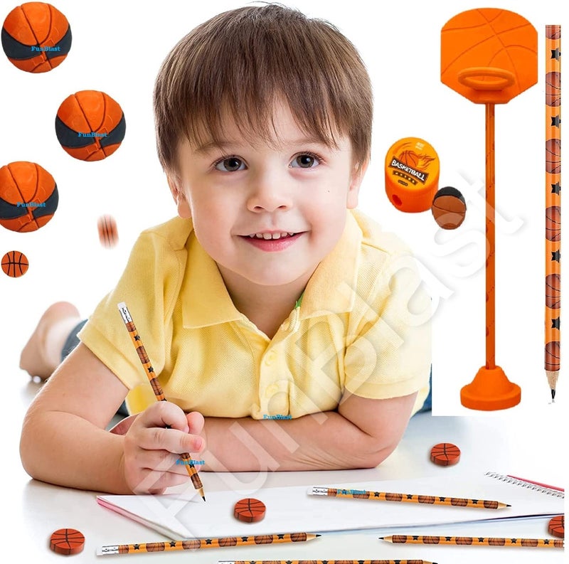 FunBlast مجموعة أدوات مكتبية بموضوع كرة السلة مجموعة أدوات مكتبية للأطفال، قلم رصاص، مبراة، مجموعة ممحاة للأطفال، الأولاد والبنات، هدية عودة عيد الميلاد مجموعة أدوات مكتبية (متعددة الألوان) - Image 3