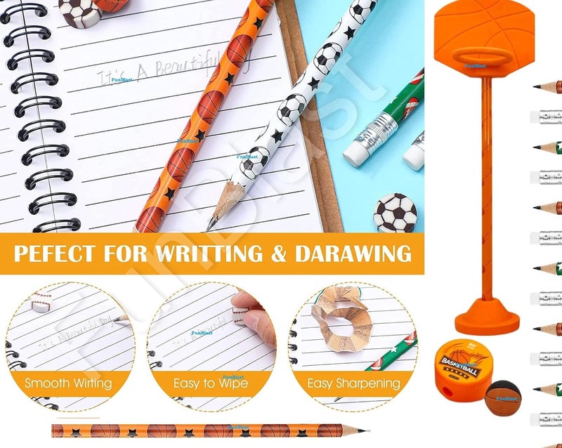 FunBlast مجموعة أدوات مكتبية بموضوع كرة السلة مجموعة أدوات مكتبية للأطفال، قلم رصاص، مبراة، مجموعة ممحاة للأطفال، الأولاد والبنات، هدية عودة عيد الميلاد مجموعة أدوات مكتبية (متعددة الألوان) - Image 4