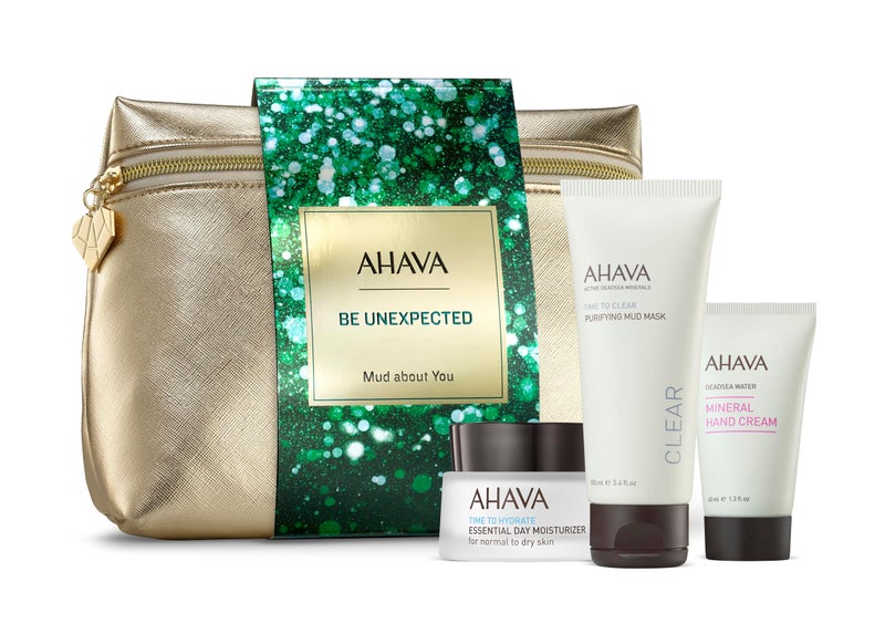 AHAVA مجموعة هدايا AHAVA من الطين، تشمل مرطب النهار الأساسي 50 مل، قناع الطين المنقي 100 مل، وكريم اليدين المعدني 40 مل - Image 1