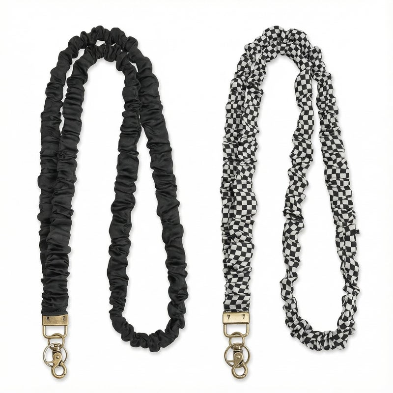 PQJSJDR 2 Pack Stretchy Teacher Lanyard for ID Badges, Soft Black Checkered Scrunchie Lanyards for Keys, Cute Elastic Neck Strap for Women Nurses, Comfy Fabric Badge Holder for Cruise - Image 1