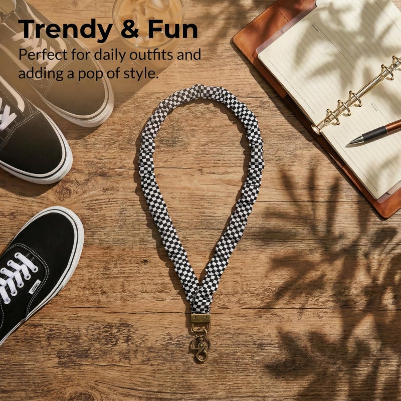 PQJSJDR 2 Pack Stretchy Teacher Lanyard for ID Badges, Soft Black Checkered Scrunchie Lanyards for Keys, Cute Elastic Neck Strap for Women Nurses, Comfy Fabric Badge Holder for Cruise - Image 5