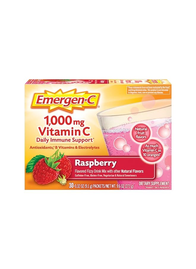 Emergen-C Emergen-C 1000mg Vitamin C Powder, with Antioxidants, B Vitamins and Electrolytes, Immunity Supplements for Immune Support, Caffeine Free Fizzy Drink Mix, Raspberry Flavor - 30 Count/1 Month Supply  - Image 1