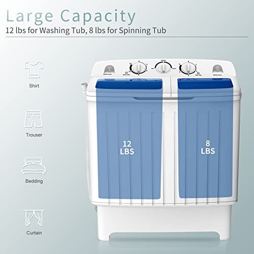 COSTWAY Portable Washing Machine, Twin Tub 20 Lbs Capacity, Compact Laundry Washer(12 Lbs) and Spinner(8 Lbs), Durable Design, Timer Control, Perfect for RV, Apartments and Dorms, Blue+White - Image 5