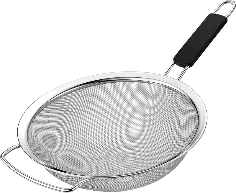 Kafoor 10 Large Fine Mesh Strainer with Thermo Plastic Rubber Handle  Sieve Fine Mesh Stainless Steel  Ideal to Strain Pasta Quinoa and Rice 10 Black