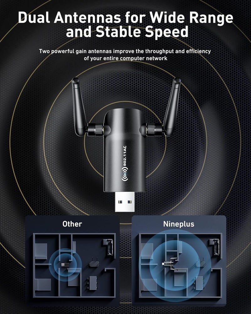 Nineplus Wireless USB WiFi Adapter for PC - 1300Mbps Dual 5Dbi Antennas 5G/2.4G WiFi Adapter for Desktop PC Laptop Windows11/10/8/7/Vista/XP, Wireless Adapters for Desktop Computer Network Adapters - Image 5