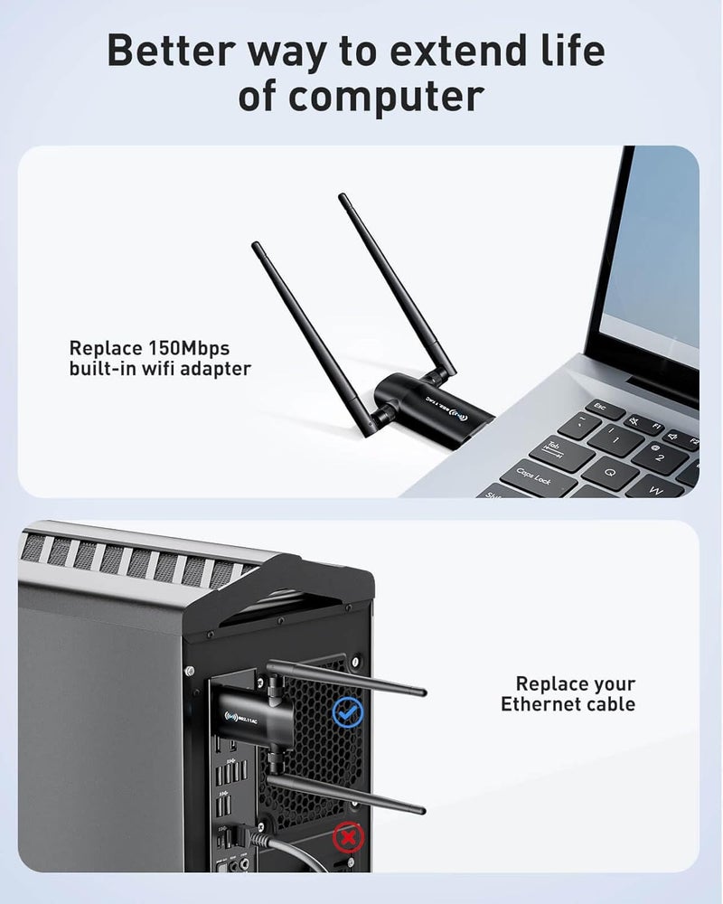 Nineplus Wireless USB WiFi Adapter for PC - 1300Mbps Dual 5Dbi Antennas 5G/2.4G WiFi Adapter for Desktop PC Laptop Windows11/10/8/7/Vista/XP, Wireless Adapters for Desktop Computer Network Adapters - Image 4