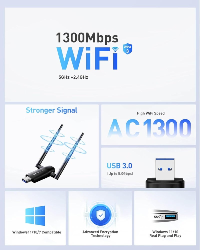 Nineplus Wireless USB WiFi Adapter for PC - 1300Mbps Dual 5Dbi Antennas 5G/2.4G WiFi Adapter for Desktop PC Laptop Windows11/10/8/7/Vista/XP, Wireless Adapters for Desktop Computer Network Adapters - Image 3