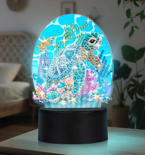 ALKALO Diamond Painting Night Light Diamond Painting Kits for Adults Desktop Ornaments for Table Tabletop Decor Diamond Art Accessories for Adult Beginner Touch Lamp for Bedrooms Living Room Turtle - Image 1
