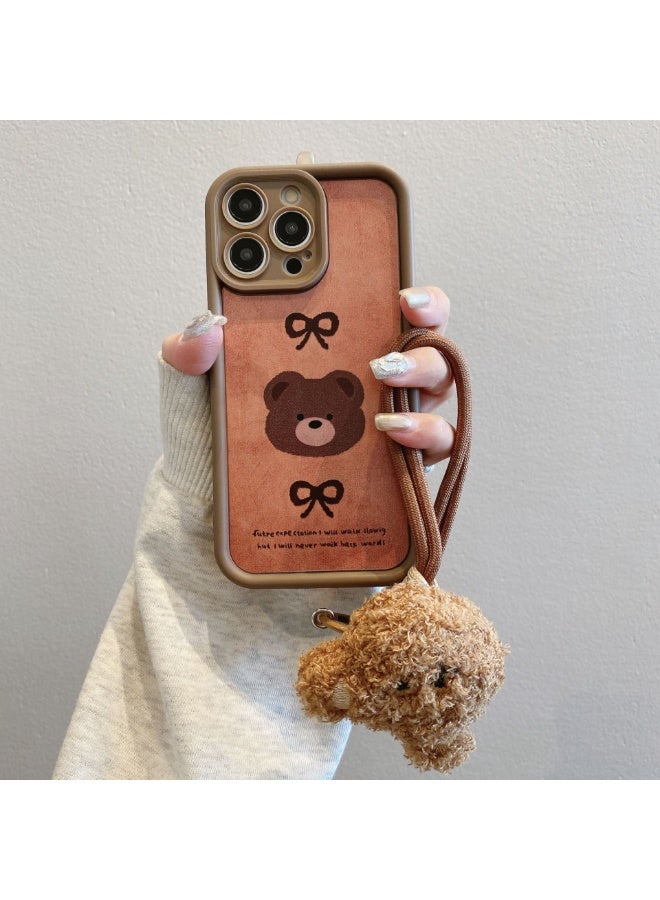 NIBEMINENT Lanyard Leopard Pattern Protective TPU Case Cover For iPhone 16 Pro, Bow Bear With Lanyard Plush Bear
