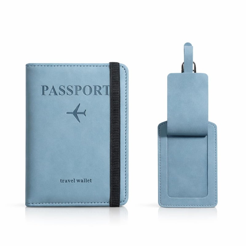 Showday Passport Holder Set with Luggage Tag, RFID Travel Wallet Organizer, PU Leather Passport Cover with Card Slots, Slim Lightweight Travel Document Holder for Men & Women (Blue) - Image 1