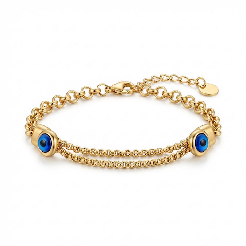 A stylish gold bracelet made of rust-resistant stainless steel, with two interlocking chains and a double "blue eye" design for a modern look, with an adjustable clasp to fit you. - Image 2