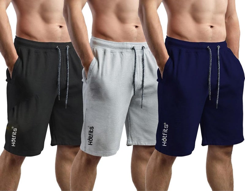 hotfits Plus Size Men’s Cotton Solid Shorts Pack of 3 | Knee Length Regular Fit Workout, Running & Nightwear Shorts with Elastic Waistband & 2 Side Pockets for Comfort & Style Multicoloured - Image 5