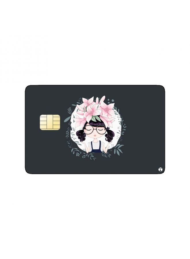 RKN PRINTED BANK CARD STICKER Cute Girl Drawing With Pink Flowers - Image 1