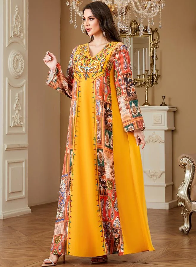 تايك تو Yellow V-Neck Embroidered Maxi Jalabiya