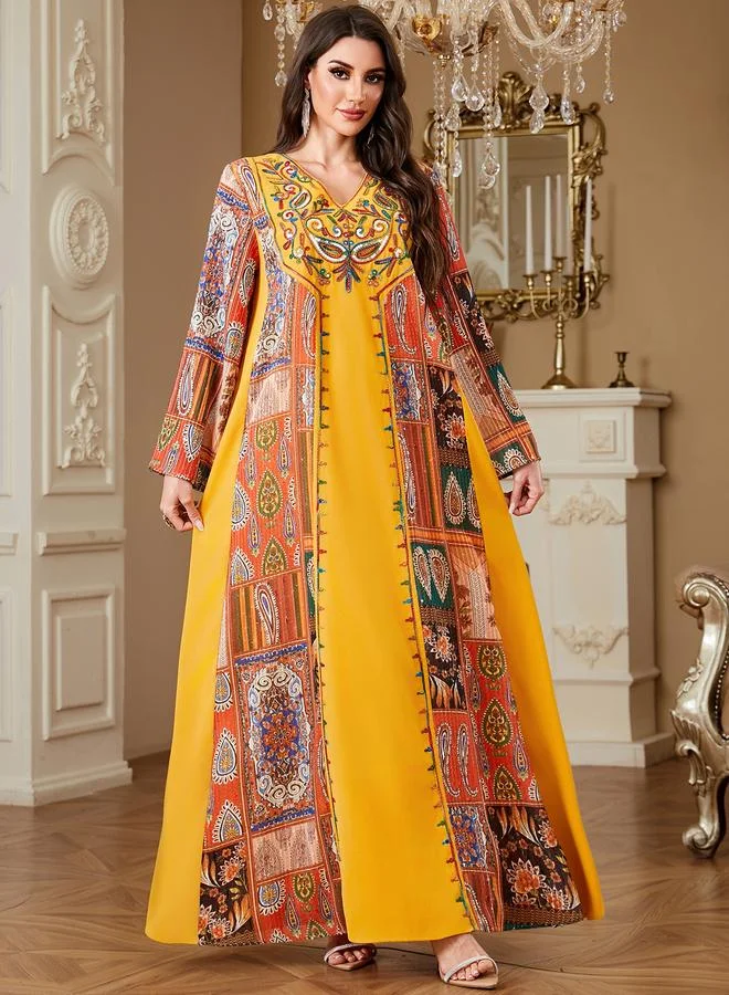 تايك تو Yellow V-Neck Embroidered Maxi Jalabiya