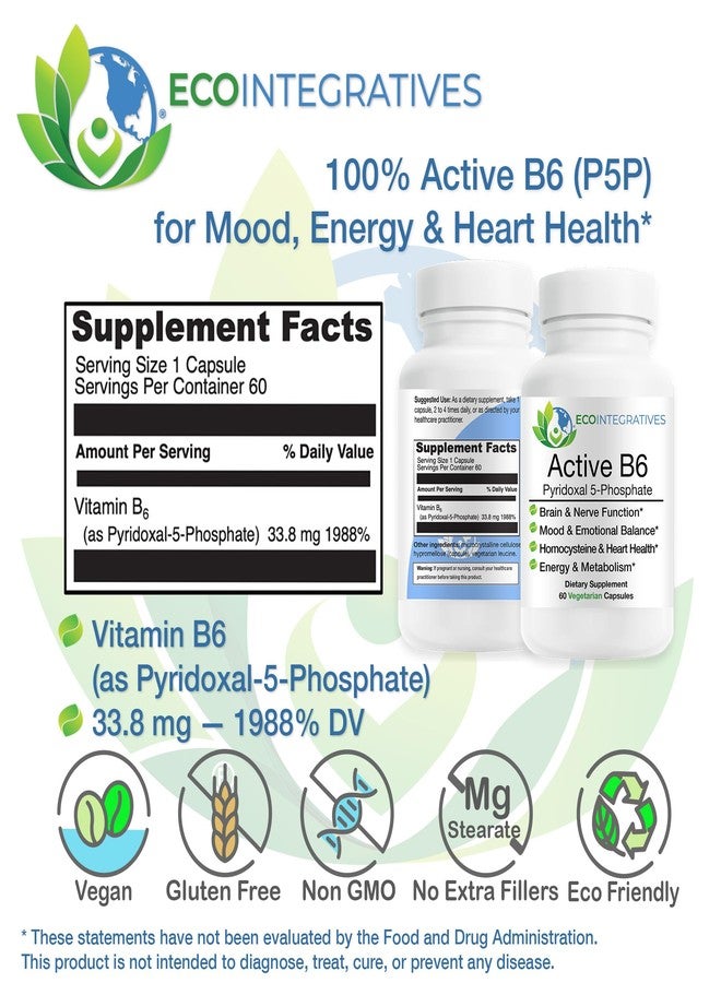 EcoIntegratives® Active B6 – 33.8 mg Pyridoxal 5-Phosphate (P5P), High Potency Active Vitamin B6 for Energy, Mood, Nerve and Heart Support* – Non-GMO, Gluten Free, 60 Vegetarian Capsules - Image 2