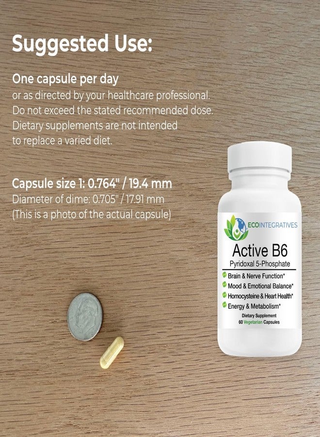 EcoIntegratives® Active B6 – 33.8 mg Pyridoxal 5-Phosphate (P5P), High Potency Active Vitamin B6 for Energy, Mood, Nerve and Heart Support* – Non-GMO, Gluten Free, 60 Vegetarian Capsules - Image 3