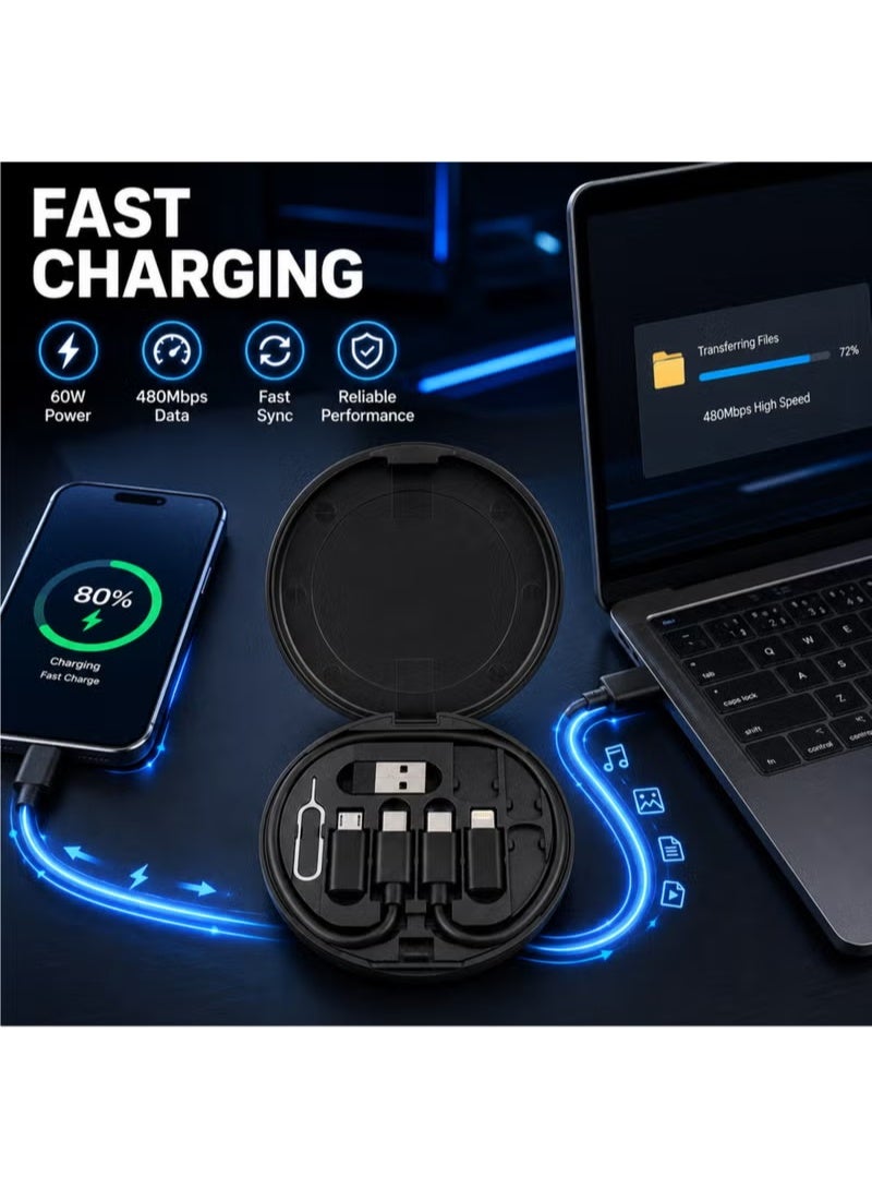 طقم كابل شحن سريع متعدد الوظائف بقدرة 60 واط | علبة محول سفر شاملة | منافذ Type-C / Lightning / Micro / USB | تخزين شريحة SIM وبطاقة TF - Image 4