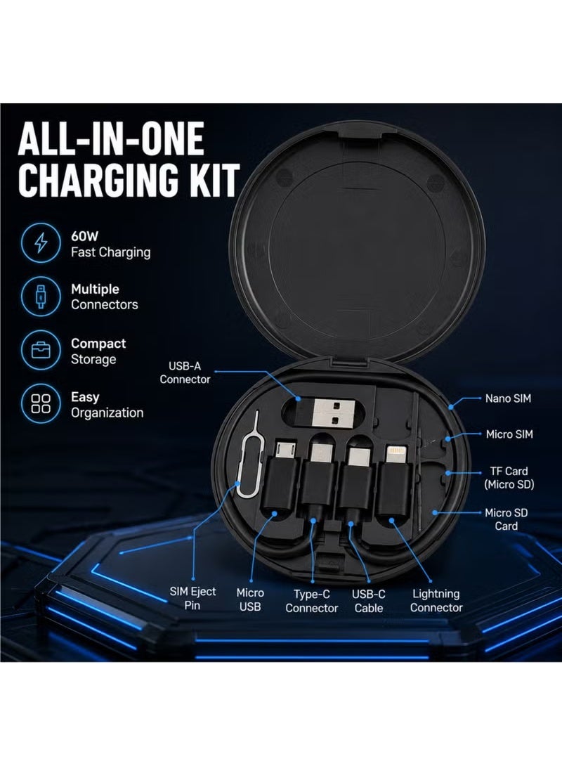 طقم كابل شحن سريع متعدد الوظائف بقدرة 60 واط | علبة محول سفر شاملة | منافذ Type-C / Lightning / Micro / USB | تخزين شريحة SIM وبطاقة TF - Image 3