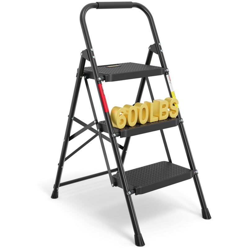 BONTEC 3-Step Ladder, Folding Step Stool, 600lbs Max Load Capacity, Sturdy Steel, Non-Slip Pedals, Lightweight, Portable Steel Ladder with Convenient Handrail, Safety Design for Home & Work, Black - Image 1