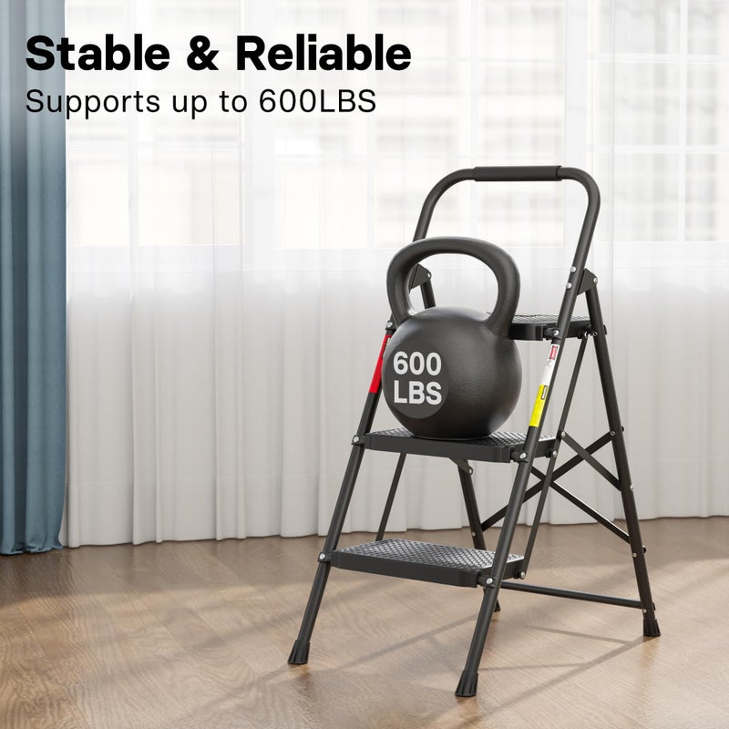 BONTEC 3-Step Ladder, Folding Step Stool, 600lbs Max Load Capacity, Sturdy Steel, Non-Slip Pedals, Lightweight, Portable Steel Ladder with Convenient Handrail, Safety Design for Home & Work, Black - Image 3