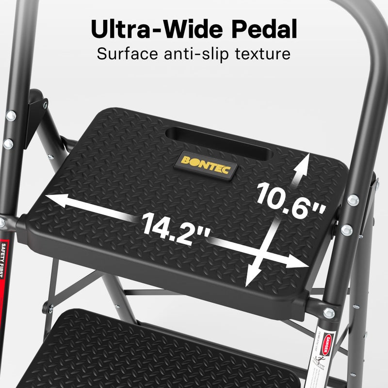 BONTEC 3-Step Ladder, Folding Step Stool, 600lbs Max Load Capacity, Sturdy Steel, Non-Slip Pedals, Lightweight, Portable Steel Ladder with Convenient Handrail, Safety Design for Home & Work, Black - Image 2