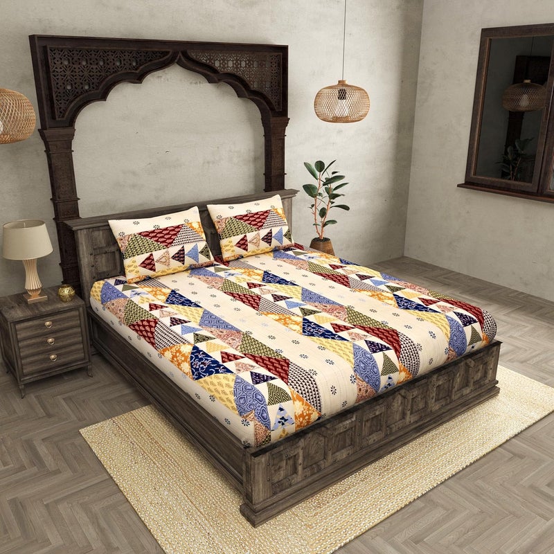 JaipurFabric Bedsheet for Double Size Bed100 Cotton 210 TC Patchwork Design Bed Sheet with 2 Pillow Covers Perfect for Home Decor Gifting 100 X 108 Pastel Yellow - Image 1