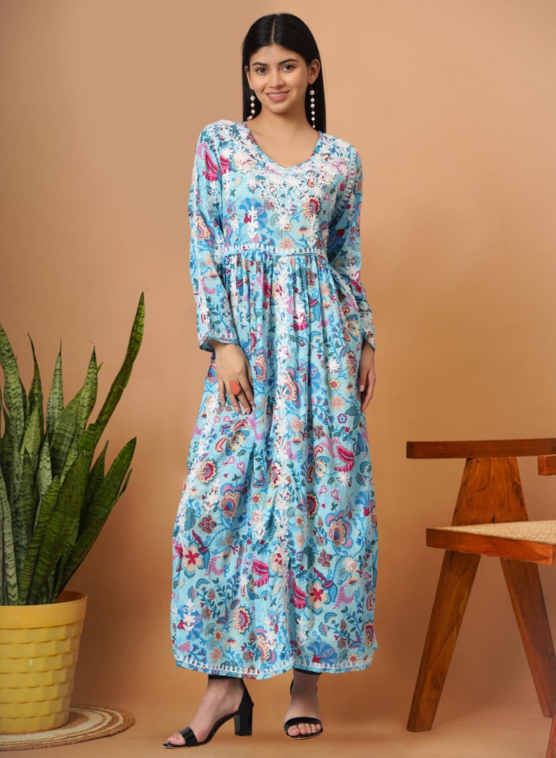 الايا جلابية مطبوعة قطن مولمول مطرزة يدوياً لوكنو شيكانكاري - Image 1