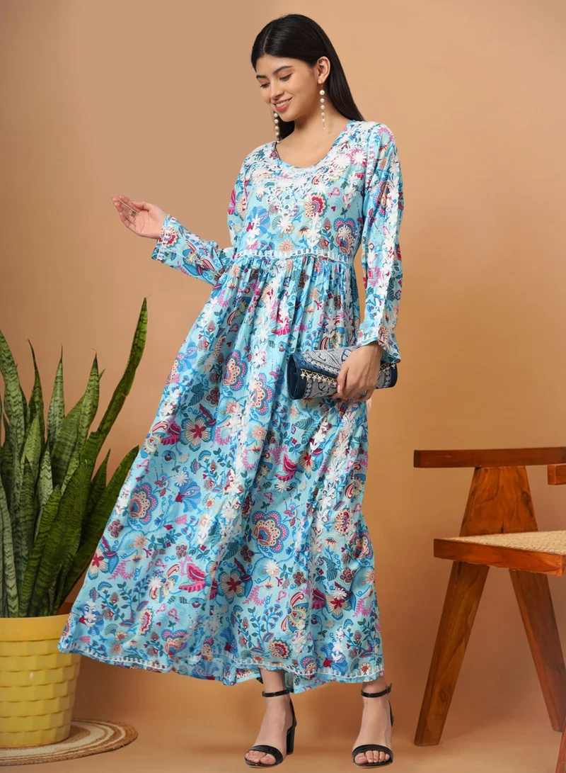 الايا جلابية قطنية مطبوعة مطرزة يدويًا من لاكناوي شيكانكاري-AL3936