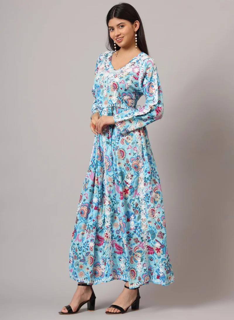 الايا جلابية قطنية مطبوعة مطرزة يدويًا من لاكناوي شيكانكاري-AL3936