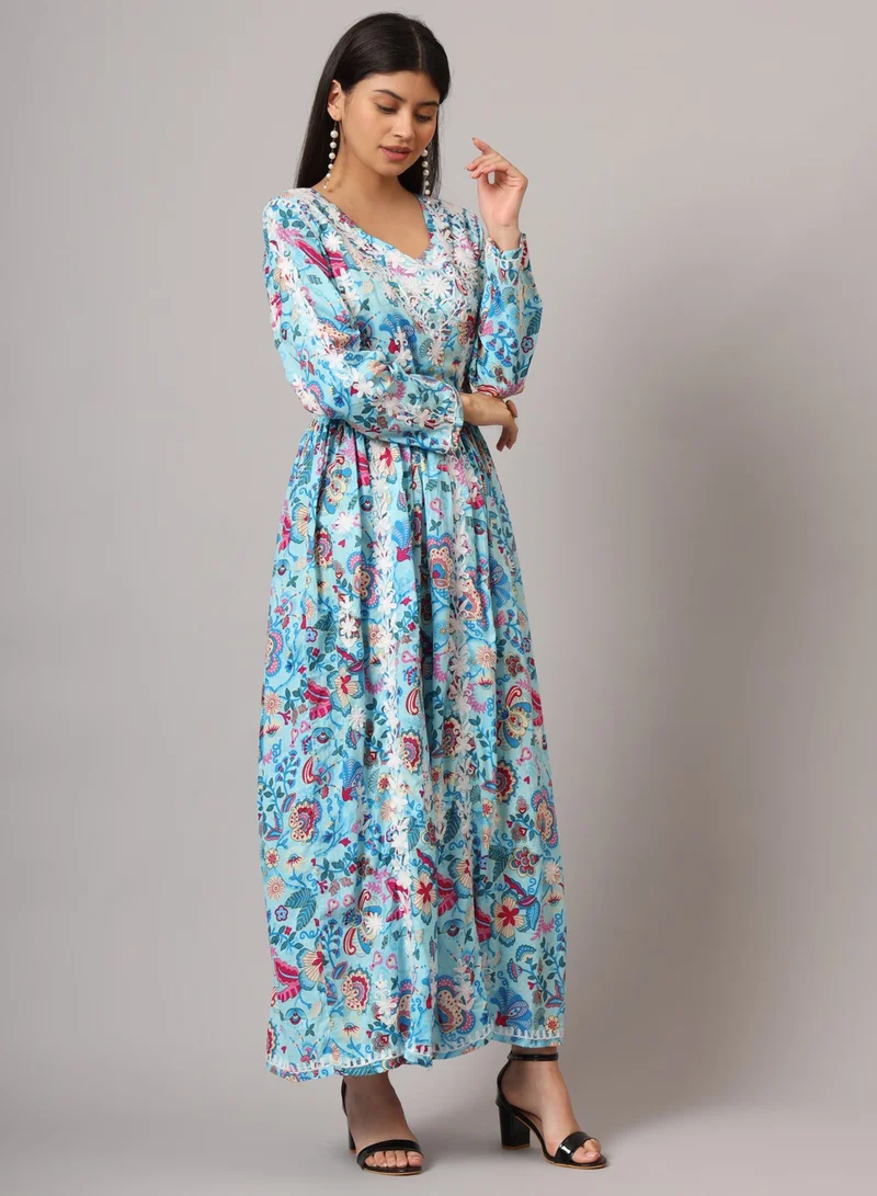الايا جلابية قطنية مطبوعة مطرزة يدويًا من لاكناوي شيكانكاري-AL3936