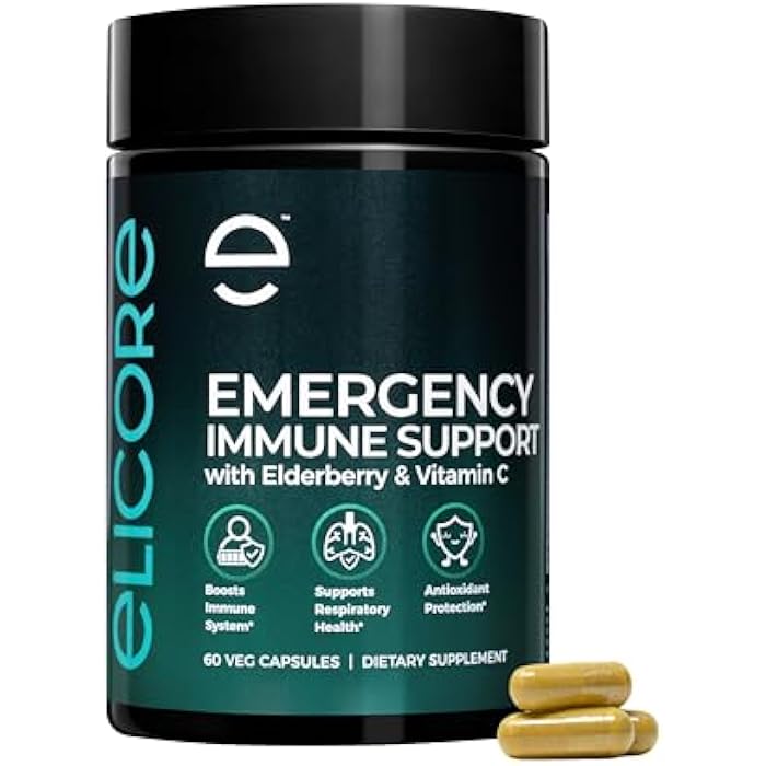 ELICORE Premium Emergency Immune Support Supplement – Immune Booster for Adults – Vitamin C, E, B6, Zinc, Elderberry, Echinacea, Garlic & Turmeric – Gluten Free, Vegan Friendly – 60 Capsules - Image 1