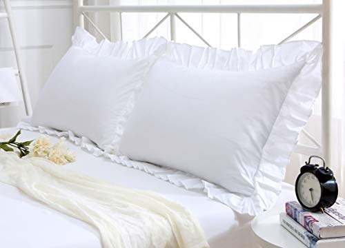 Meaning4 Ruffles Pillow Cases Shams Covers White Queen Size 2 Pack Egyptian Cotton 20x30 inches Soft Thick - Image 1