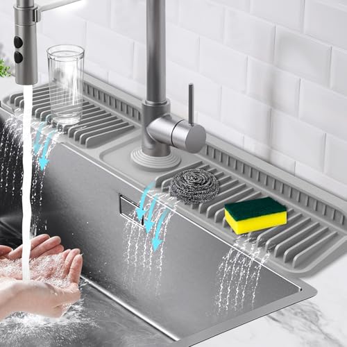 Hugro Tarfive 24Inch Kitchen Sink Splash Guard Mat 7 Slope for Fast SelfDraining SnapLock Design Universal Cuttable Silicone Faucet Mat Gray - Image 1