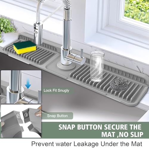 Hugro Tarfive 24Inch Kitchen Sink Splash Guard Mat 7 Slope for Fast SelfDraining SnapLock Design Universal Cuttable Silicone Faucet Mat Gray - Image 3