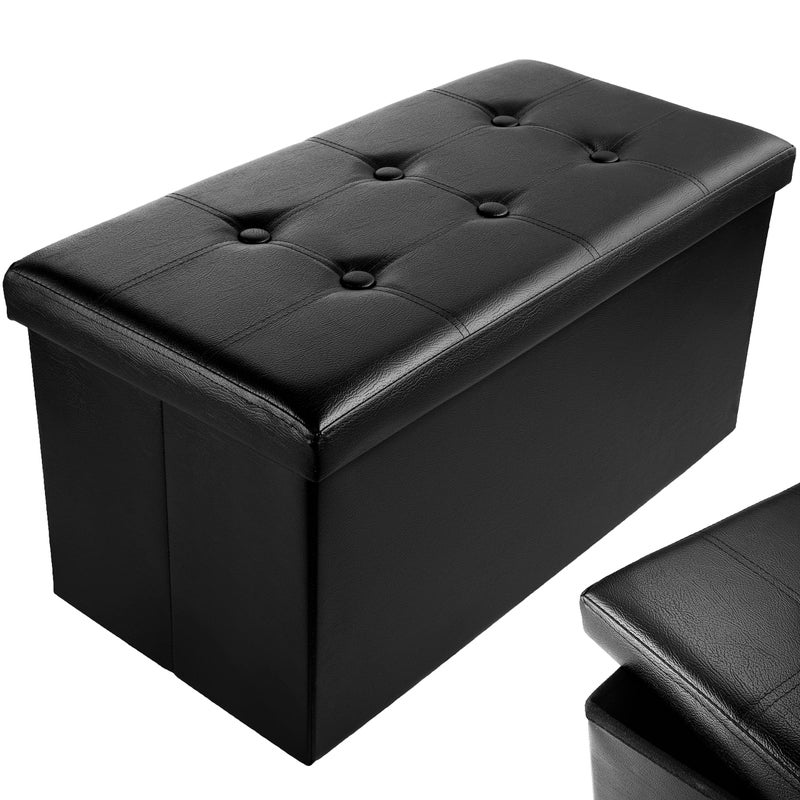 Nyxi Faux Leather 76  38  38cm Black Ottoman Foldable Storage Boxes Seat Foot Stool Storage Box with Lids for Kids Toys Bedroom Hallway Living Room