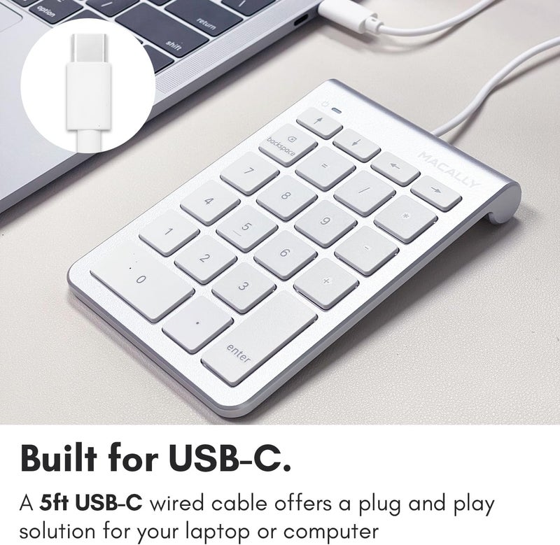 MACALLY USB C Wired Number Pad for Mac - 10 Key USB Keypad, Type C Numeric pad, Number Keypad for Keyboard and Number Pad for Laptop, MacBook Pro/Air, iMac, and PC - 5ft Cable Numpad - Silver Keypads - Image 2