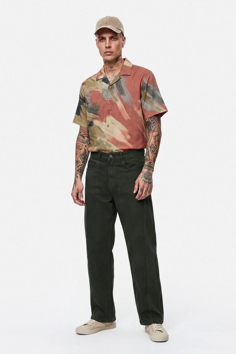 سنيتش Dark Olive Green Solid Wide Leg Streetwear Jeans
