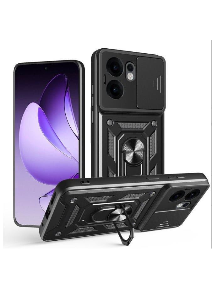 Case Cover for OPPO Reno 13F 5G Case, Slide Camera Lens Cover, Magnetic Ring Holder Kickstand Protective Phone Case for OPPO Reno 13F 5G, Black  - Image 1