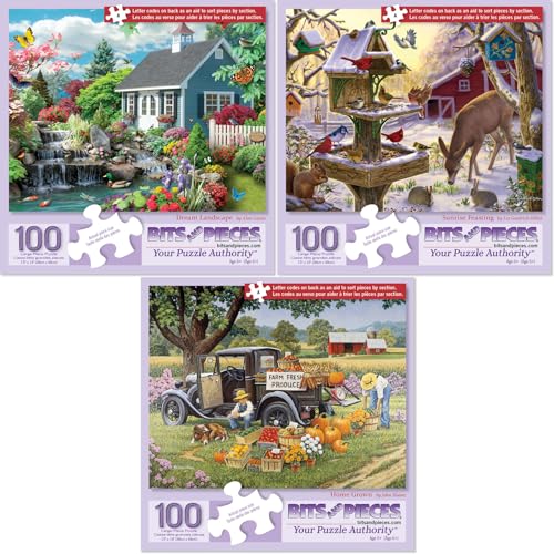 Bits and Pieces  Set of Three Jigsaw Puzzles for Adults  100 Piece and 50 Piece Options  Landscape Home Sunrise  Large Pieces for Seniors  15 x 19 Each - Image 1