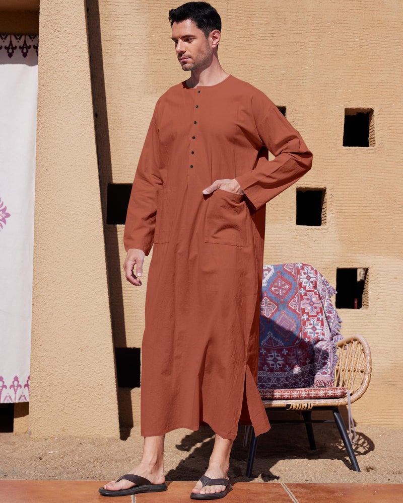 YAOHUOLE Long Sleeve Mens Kaftan Thobe Button Up Arabic Robes for Men Side Split Kaftan Brick Red L - Image 2