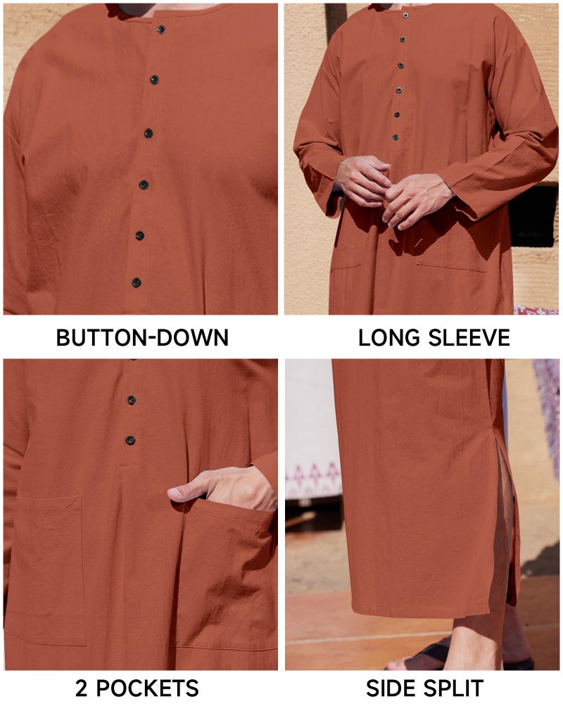 YAOHUOLE Long Sleeve Mens Kaftan Thobe Button Up Arabic Robes for Men Side Split Kaftan Brick Red L - Image 5