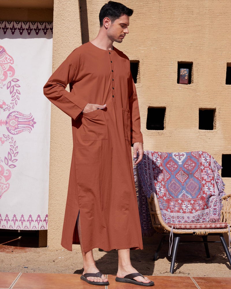 YAOHUOLE Long Sleeve Mens Kaftan Thobe Button Up Arabic Robes for Men Side Split Kaftan Brick Red L - Image 3