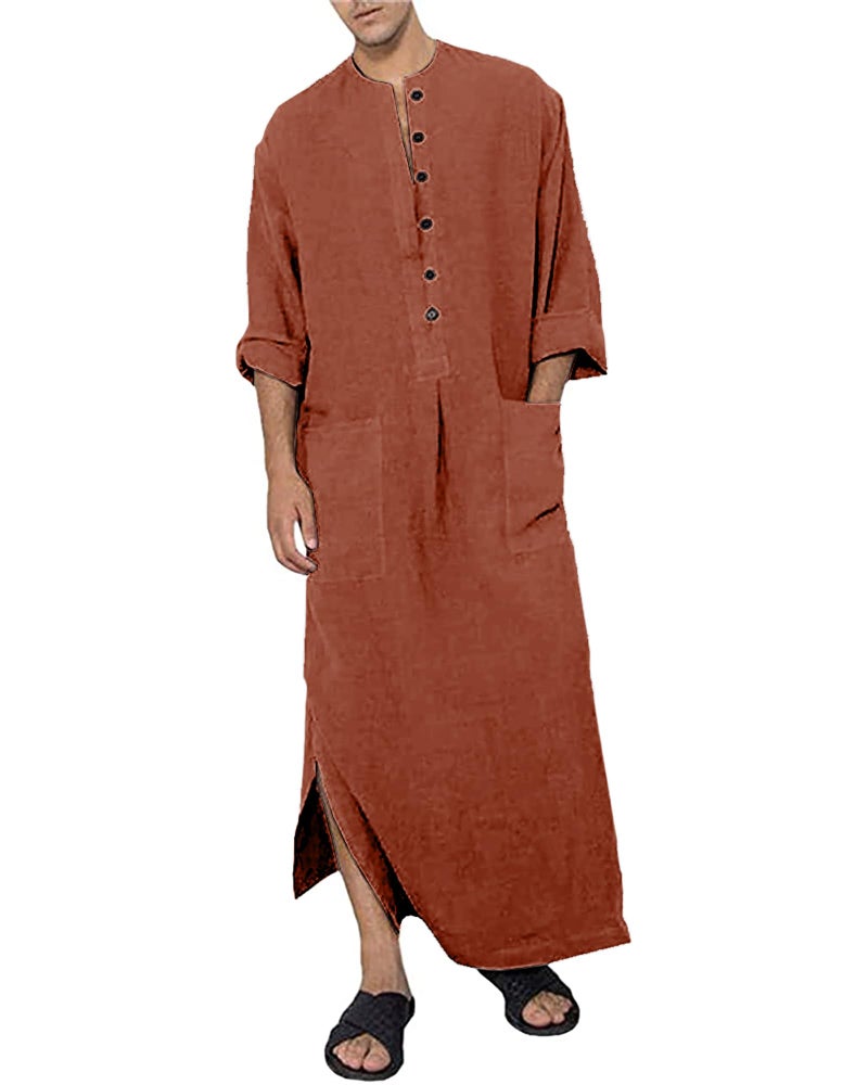 YAOHUOLE Long Sleeve Mens Kaftan Thobe Button Up Arabic Robes for Men Side Split Kaftan Brick Red L - Image 1